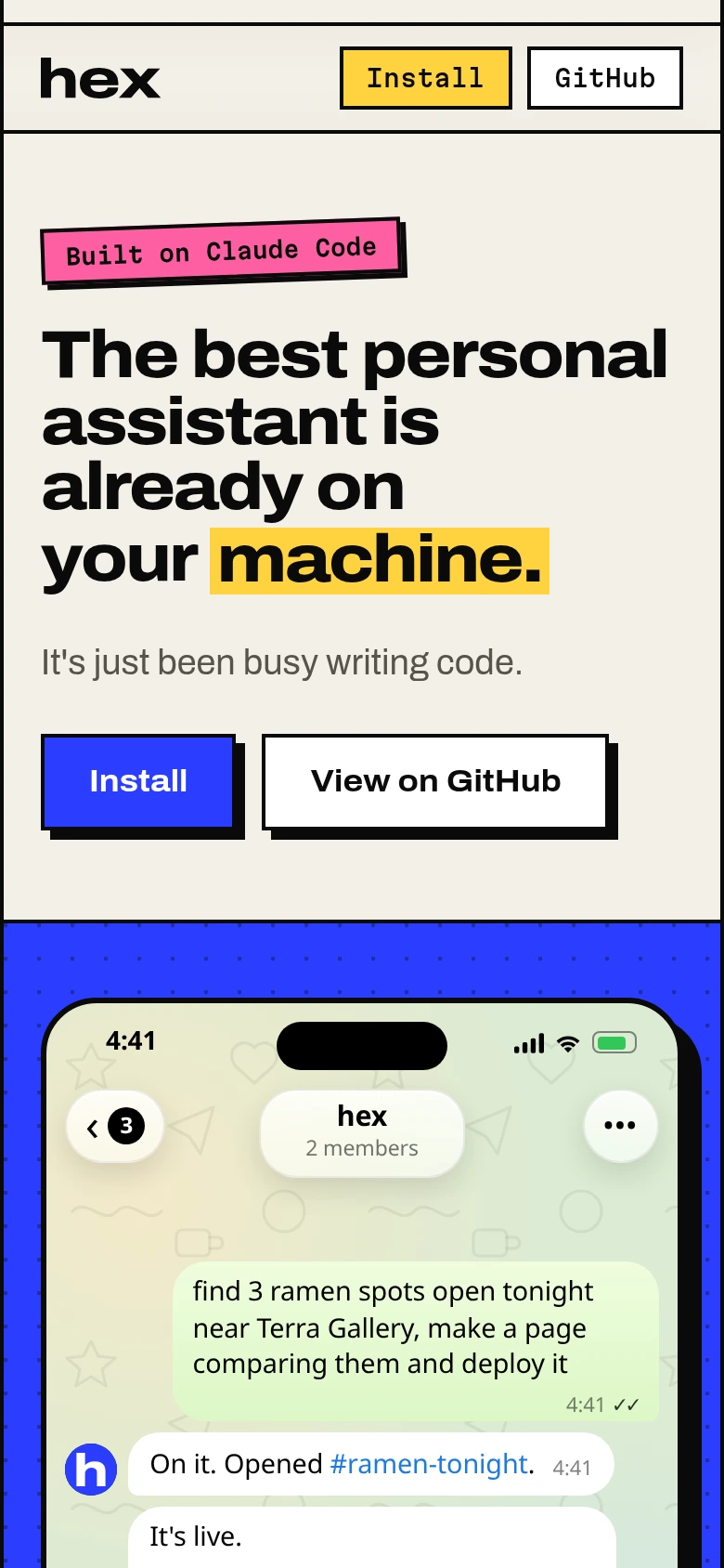 hex-sand.vercel.app at 390 wide